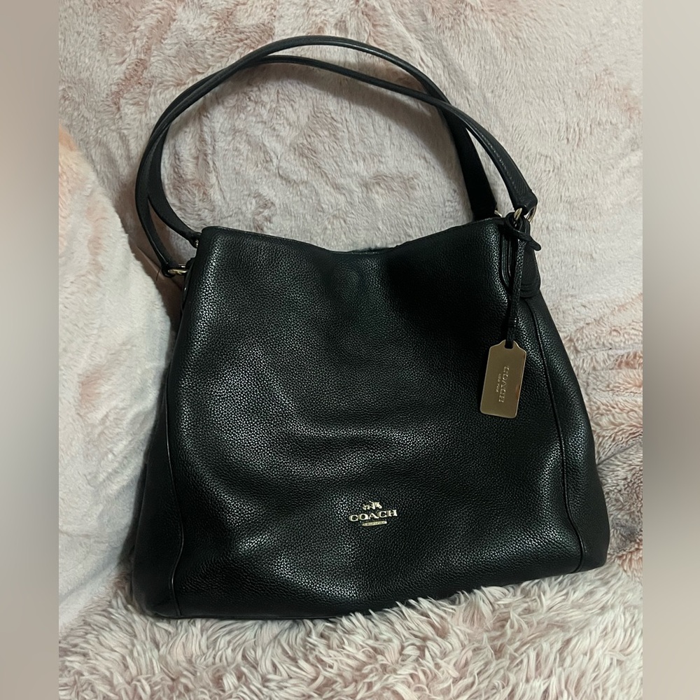 Coach Pebbled Black Edie Shoulder Bag Handbag Gold Turnlock